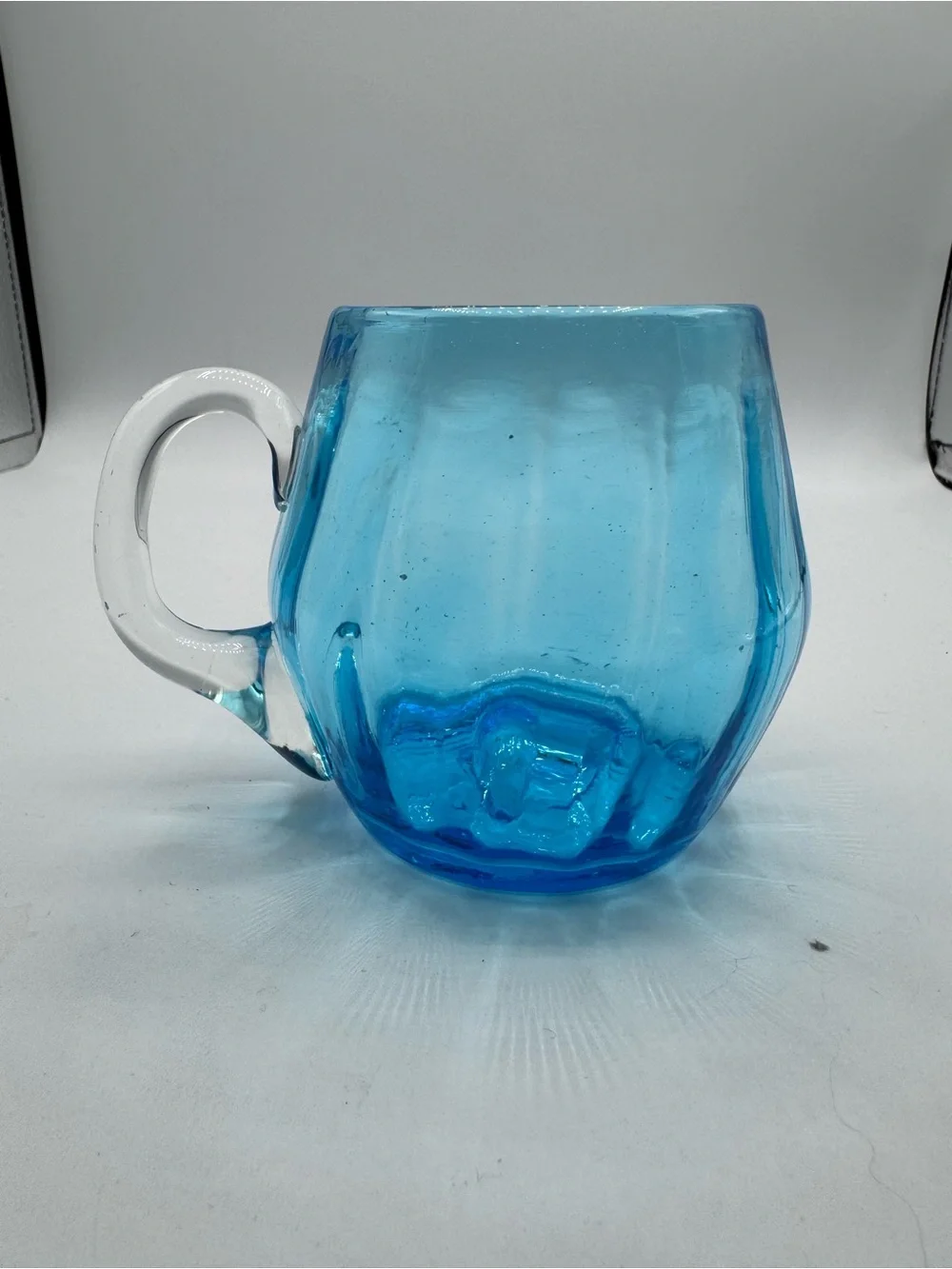 Vintage Hand Blown Optic Blue Art Glass Mug With Clear Handle
